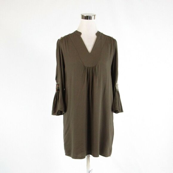 Olive green brown CAROLINA BELLE shift dress 4 - Picture 1 of 8